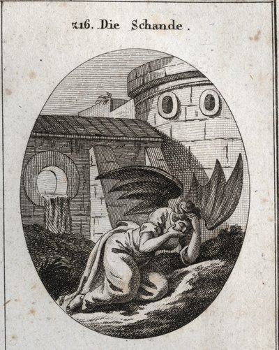 Allegorie van schande die het gezicht met de handen bedekt en haar attributen zijn twee grote zwarte vleermuisvleugels. Gravure in "Iconologie oder Ideen aus dem Gebiete der Leidenschaften und Allegorien bildich dargestellt fur Zeichner, Mahler, Dichter, G door Austrian School