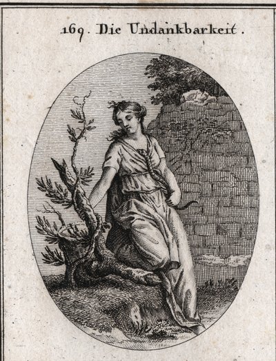 Allegorie van ondankbaarheid. Gravure in "Iconologie oder Ideen aus dem Gebiete der Leidenschaften und Allegorien bildich dargestellt fur Zeichner, Mahler" door Austrian School