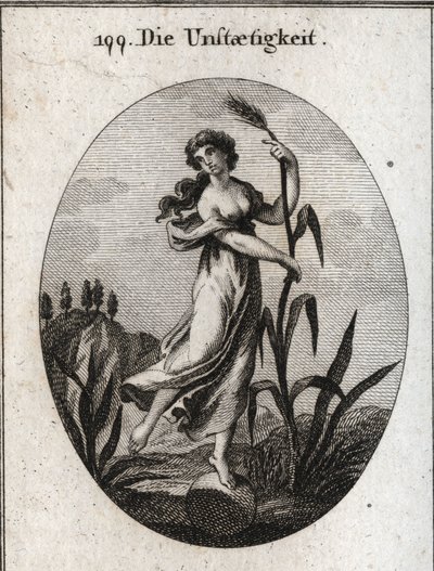 Allegorie van instabiliteit door de wind. Ze leunt met beide handen op een fragiele rietstengel en staat met slechts één voet op een bal. Gravure in 