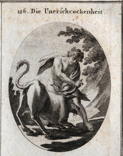 Allegorie van onverschrokkenheid, voorgesteld door een krachtige jonge man die een woedende stier stopt door hem bij de horens vast te houden. Gravure in 