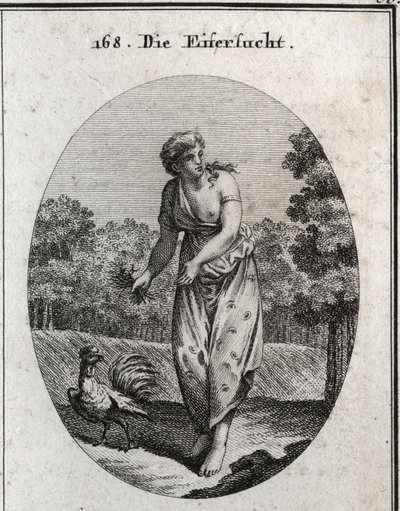 Allegorie van jaloezie die het oor aan de ene kant strekt en kijkt wat er aan de andere kant gebeurt. Haar jurk is bezaaid met ogen en oren en het boeket van doornen dat ze vasthoudt betekent dat haar kwelling vrijwillig is. De haan, jaloers en waakzaam, i door Austrian School