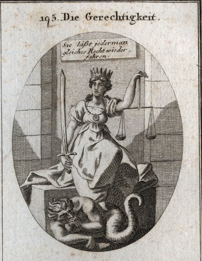 Allegorie van gerechtigheid. Haar attributen zijn balans en zwaard. Ze zit in een rechtszaal en draagt een gouden kroon op haar hoofd. Onder haar voeten knaagt fraude, bezorgd om ontdekt te worden, aan zijn vuisten. Gravure in "Iconologie oder Ideen aus de door Austrian School