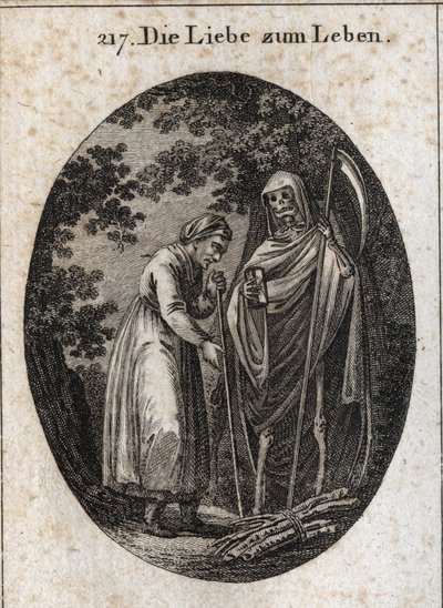 Allegorie van liefde voor het leven. Een oude vrouw roept de dood om haar te helpen haar houten klompen op haar hoofd te zetten. Gravure in "Iconologie oder Ideen aus dem Gebiete der Leidenschaften und Allegorien bildich dargestellt fur Zeichner, Mahler, D door Austrian School