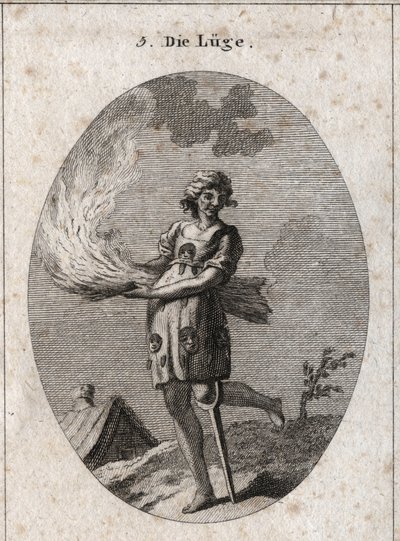 Allegorie van leugen voorgesteld door een lelijke vrouw met slecht haar en slechte kleding. Haar kleding is gevuld met tongen en maskers. Het brandende stro illustreert het gebrek aan substantie van haar woorden en het houten been, de geringe soliditeit. G door Austrian School