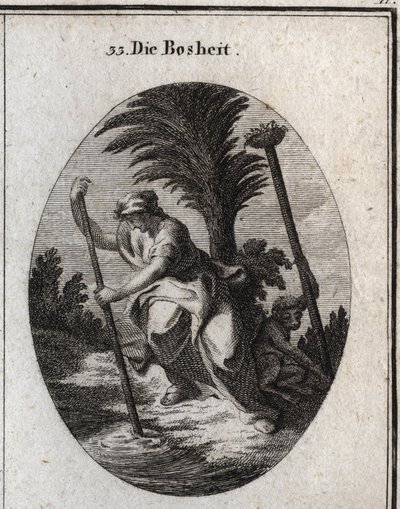 Allegorie van boosaardigheid. Ze houdt een stok vast waarmee ze het water van de vijver verstoort. De aap, haar attribuut, ontwortelt een paal om het vogelnest dat bovenaan zit neer te halen. Gravure in 