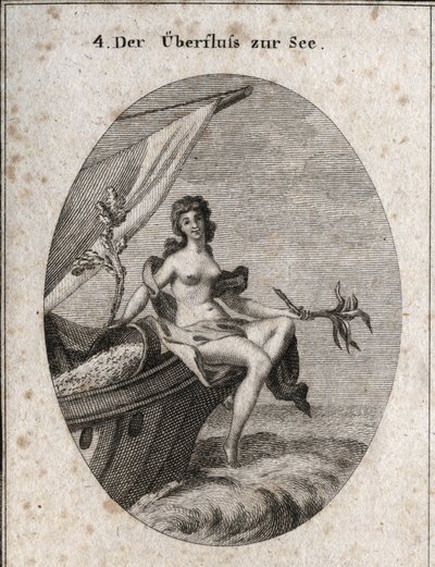 Allegorie van maritieme overvloed voorgesteld door Ceres zittend op de boeg van een schip. Ze houdt een boeket hennep vast, een tak van knie waarop zijderupscocons zijn bevestigd. Ze leunt op graankorrels die terug in de boot hangen. Gravure in 