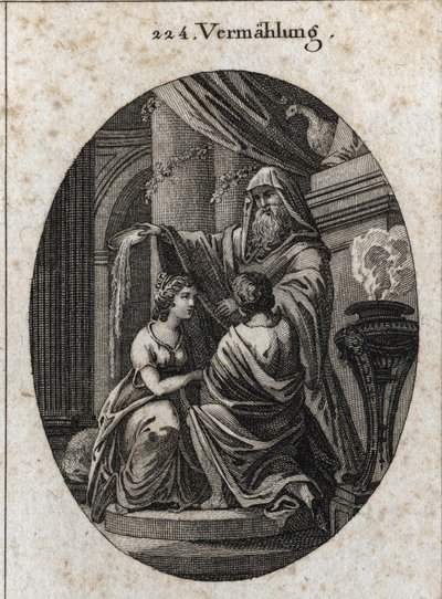 Allegorie van het huwelijk: de priester gooit de gal van de dieren achter het altaar om te laten zien dat er geen bitterheid is bij het huwelijk. Gravure in "Iconologie oder Ideen aus dem Gebiete der Leidenschaften und Allegorien bildich dargestellt fur Ze door Austrian School