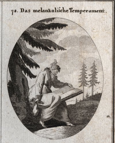 Allegorie van melancholische gemoedstoestand. Hij houdt een boek en een beurs vast en zijn mond is met een blinddoek gesloten. Een vogel zit op zijn hoofd. Gravure in 