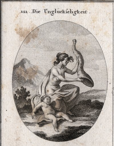 Allegorie van ongeluk weergegeven mager en uitgebreid. Haar attributen zijn een hoorn van overvloed die ze schudt en leeg is, en een kind dat sterft van de honger. Gravure in 