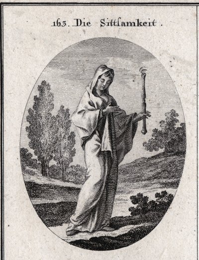Allegorie van bescheidenheid. Gravure in "Iconologie oder Ideen aus dem Gebiete der Leidenschaften und Allegorien bildich dargestellt fur Zeichner, Mahler, Dichter" door Austrian School