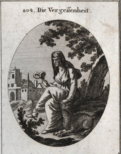 Allegorie van vergetelheid. Ze houdt een alruinplant vast, een krachtig narcoticum. De lynx is het dier dat aan Bacchus is gewijd. Gravure in 
