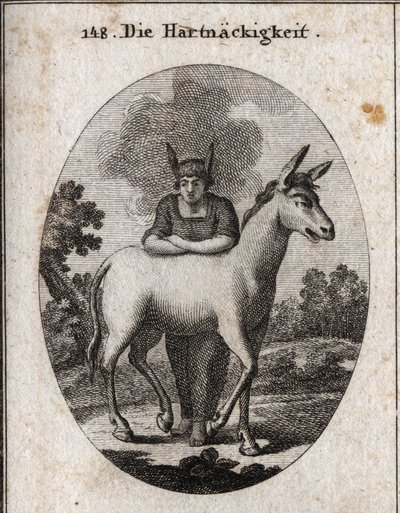 Allegorie van koppigheid leunend op een muilezel. De ezelsoren op zijn hoofd zijn het embleem van onwetendheid en koppigheid. De stoom rond zijn hoofd betekent dat zijn intelligentie donker is. Gravure in 