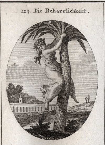 Allegorie van volharding. De palmboom, waaraan een jong meisje is vastgebonden, is het symbool van deugd. Ze kijkt met minachting naar de aarde. Gravure in 