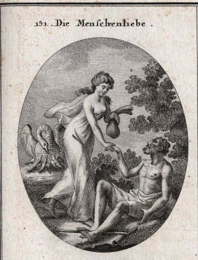 Allegorie van filantropie. Gravure in "Iconologie oder Ideen aus dem Gebiete der Leidenschaften und Allegorien bildich dargestellt fur Zeichner, Mahler" door Austrian School
