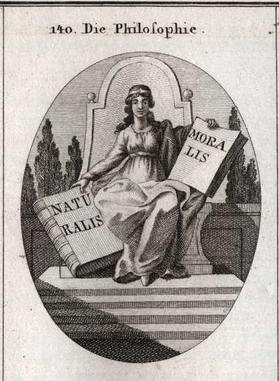 Allegorie van filosofie zittend op een marmeren troon boven verschillende treden. Ze heeft een gouden diadeem op het voorhoofd en houdt twee open boeken 