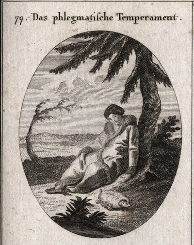 Allegorie van flegmatische teint. De schildpad is het attribuut van zijn traagheid. Gravure in 