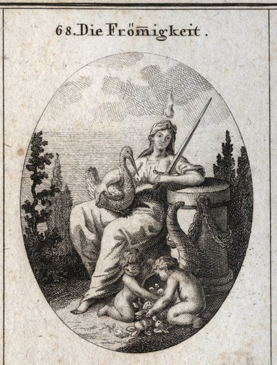 Allegorie van vroomheid. De brandende vlam op zijn hoofd en zijn positie op het altaar markeren de overmaat van Gods liefde. De ooievaar is het attribuut van familieliefde en het zwaard toont dat het klaar is om de zwaksten te ondersteunen. De hoorn des ov door Austrian School