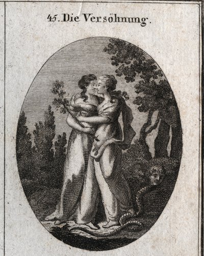 Allegorie van verzoening gekarakteriseerd door twee vrouwen die elkaar kussen. De een houdt een olijftak vast, symbool van vrede, en de ander vertrapt een slang met menselijke gezichten, embleem van fraude en slechtheid. Gravure in 