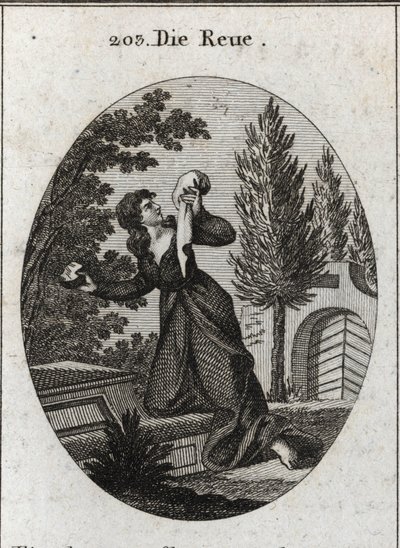 Allegorie van spijt, voorgesteld met een knie op een graf. Ze houdt in de ene hand een zakdoek en in de andere een steen waarmee ze haar borst slaat. Gravure in "Iconologie oder Ideen aus dem Gebiete der Leidenschaften und Allegorien bildich dargestellt fu door Austrian School