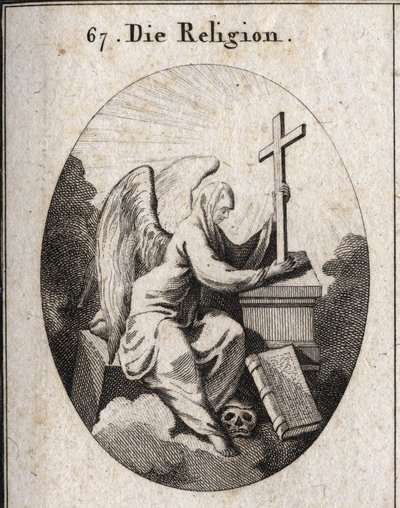 Allegorie van religie. Een witte sluier bedekt zijn hoofd om aan te geven dat mysteries ondoordringbaar zijn. Ze zit op een hoeksteen en houdt een stralend kruis op een altaar, onderaan ligt het boek van de 4 Evangeliën. Haar voet op het hoofd van de dood  door Austrian School