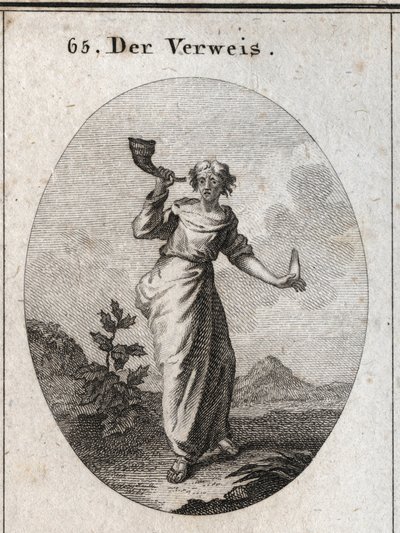 Allegorie van berisping. Ze leert een boek te klinken dat de onaangename klank van berispende woorden benadrukt, voorzichtig gemanipuleerd, zoals blijkt uit de menselijke taal die ze in de andere hand houdt. Gravure in 