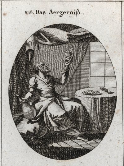 Allegorie van schandaal. Hij houdt met één hand een fles vast en met de andere een portret van een jonge vrouw en staat bij een tafel waarop speelkaarten en spellen liggen. Gravure in 