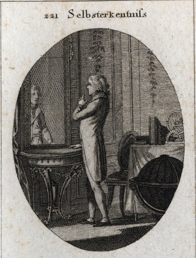 Allegorie van zelfkennis. Een jonge man kijkt in een spiegel. Gravure in 