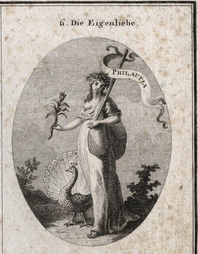 Allegorie van eigenliefde, voorgesteld als een jonge vrouw die een zak sluit die haar fouten symboliseert met een stok waarop de Griekse vertaling “Philautia” is gegraveerd. Attributen: de pauw die het wiel maakt en de narcisbloem. Gravure in “Iconologi door Austrian School