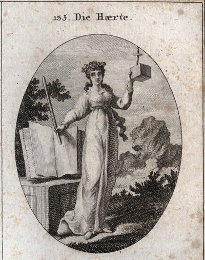 Allegorie van strengheid gekroond met een eikentak, attribuut van kracht. Ze leunt op een wetboek en houdt een ijzeren staaf vast. De kubus waarin een dolk vertraagt, symboliseert haar nabijheid en haar onbuigzaamheid. Gravure in 