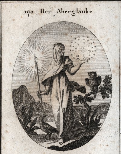 Allegorie van bijgeloof. Ze houdt een kaars vast en een cirkel van sterren die de tekens van de zeven planeten omringen die ze als angstaanjagend beschouwt. Haar attributen zijn de uil en de kraai. Gravure in 