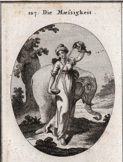 Allegorie van matigheid. Haar attributen zijn water en wijn gemengd, evenals de olifant, een dier dat altijd dezelfde hoeveelheid voedsel eet zonder overdaad. Gravure in 
