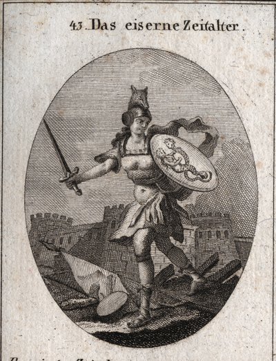 Allegorie van het IJzeren Tijdperk dat wordt gekenmerkt door geweld, slechte trouw en verraad. Van woeste verschijning, ze is gewapend met een helm in de vorm van een wolvenkop, houdt een zwaard en een schild waarop fraude en ondeugd zijn afgebeeld (zeemee door Austrian School