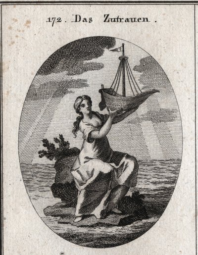 Allegorie van vertrouwen, voorgesteld door een vrouw die op een plek midden in de zee zit en in haar hand een schip vasthoudt dat ze heeft opgetild. Gravure in 