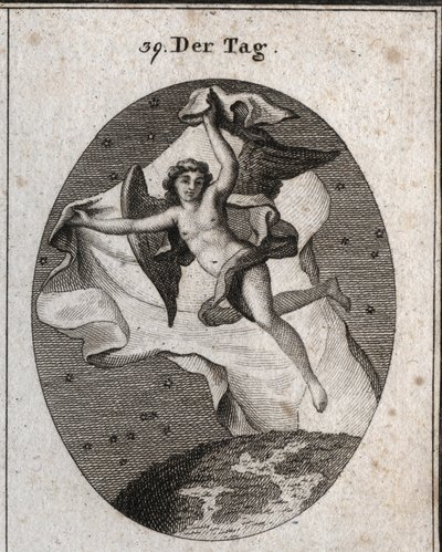 Allegorie van de dag die snel vliegt en de nacht en de sterren verbergt met een helder groot doek. Gravure in Iconologie oder Ideen aus dem Gebiete der Leidenschaften und Allegorien bildich dargestellt fur Zeichner, Mahler, Dichter, Gelehrte, Erzieher door Austrian School