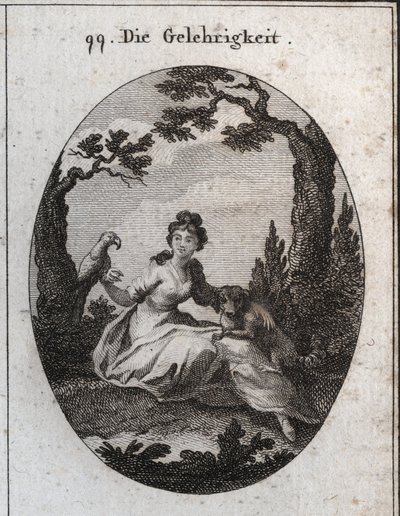Allegorie van de volgzaamheid. Zijn attributen zijn de parkiet en de kleine hond vanwege hun gehoorzaamheid en verlangen om te behagen. Gravure in 