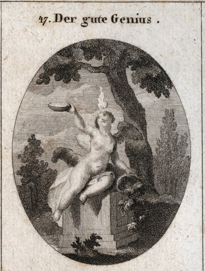 Allegorie van de gunstige geest onder de figuur van een gevleugeld kind met een kleine vlam op zijn hoofd, zittend op een altaar in de schaduw van een plataan. De hoorn des overvloeds betekent dat het mensen vult met zijn gunsten. De vader is een symbool v door Austrian School