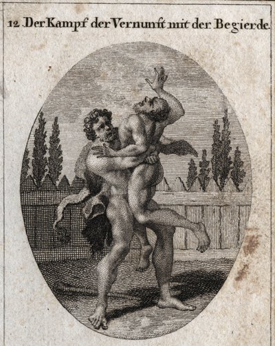 Allegorie van de strijd tussen rede en eetlust. De aardse en vleselijke eetlust wordt afgebeeld door Ante en Hercules (Heracles) symboliseert rede, kracht en moed die Ante wegneemt en verstikt. Gravure in 