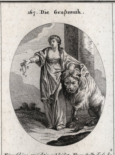 Allegorie van de generositeit met een gouden kroon op het hoofd en ontbloot bovenlijf, wijzend op de adel van gevoelens en oprechtheid van het hart. Ze presenteert juwelen en goud in de ene hand en de andere rust op een leeuw die vredig aan haar voeten lig door Austrian School
