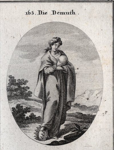 Allegorie van nederigheid. Onder haar voet een gouden kroon verrijkt met edelstenen. Ze veracht een bal die de aarde voorstelt waarvan ze de grootheid mist. Gravure in 