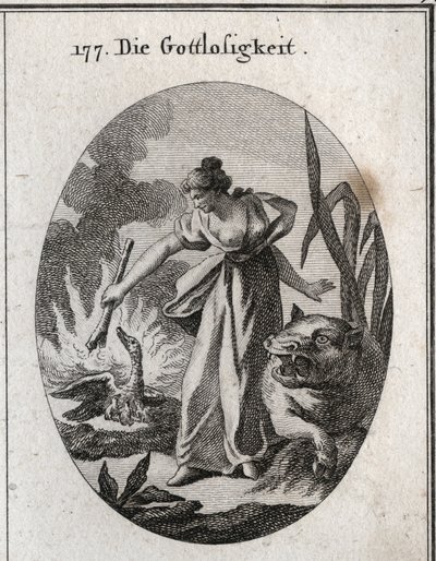 Allegorie van goddeloosheid. Gravure in "Iconologie oder Ideen aus dem Gebiete der Leidenschaften und Allegorien bildich dargestellt fur Zeichner, Mahler" door Austrian School