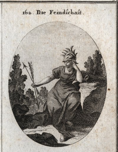 Allegorie van vijandschap met een helm versierd met ijzeren punten. Haar jurk is bezaaid met vlammen. De twee pijlen die ze vasthoudt zijn synoniem met tegenspraak. Gravure in 