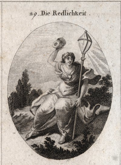 Allegorie van loyaliteit (of oprechtheid) die een masker weggooit dat het attribuut is van schijn en leugen. Het embleem is een kristallen lantaarn, symbool van de bliksem. Een hart is op zijn borst getekend. door Austrian School