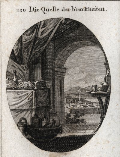 Allegorie van de oorsprong van ziekten. Seneca, die de overdaad van de traktaties van zijn tijd haatte, zei op een dag: 
