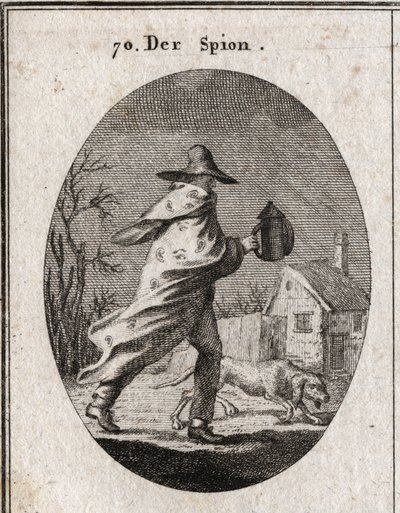 Allegorie van de spion. Zijn jas is bezaaid met ogen en oren en hij houdt een doof lantaarn vast. Een brakke hond ruikt het terrein. Gravure in 