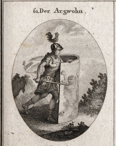 Allegorie van achterdocht verschuilt zich achter een schild waarop een leeuw staat, symbool van achterdocht volgens Aristoteles, en een haan op de helm die waakzaamheid vertegenwoordigt. Gravure in 