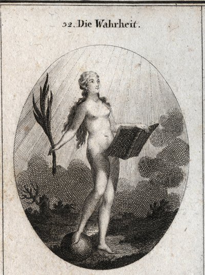 Allegorie van de waarheid, naakt zonder kunstgrepen en natuurlijke uitstraling kijkt naar het licht van de zon. De palm symboliseert de triomf van fraude en het boek vertegenwoordigt studie. Gravure in “Iconologie oder Ideen aus dem Gebiete der Leidenschaf door Austrian School