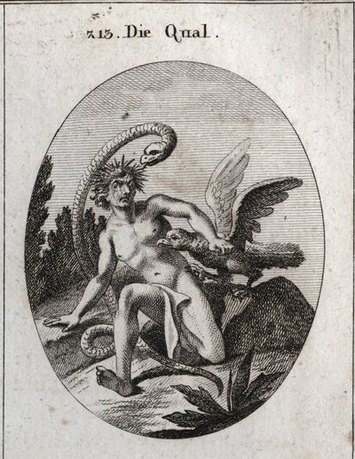 Allegorie van kwelling. Haar hoofd omgeven door doornen betekent kwellingen van de geest. De slang zegt dat de angst voor het gevaar het formidabeler maakt. Een gier eet zijn hart. Gravure in 