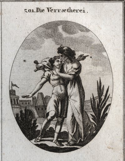 Allegorie van verraad. Een afschuwelijke oude vrouw streelt een knappe jonge man en bereidt zich tegelijkertijd voor om hem te steken. Gravure in 