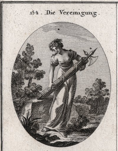 Allegorie van eenheid. Gekroond met olijfboom symbool van vrede, en vreugde die allegorie vertegenwoordigt. Het stroomt op een bundel strak gebonden stokken zonder de afbeelding van kracht en eenheid te buigen. Gravure in 