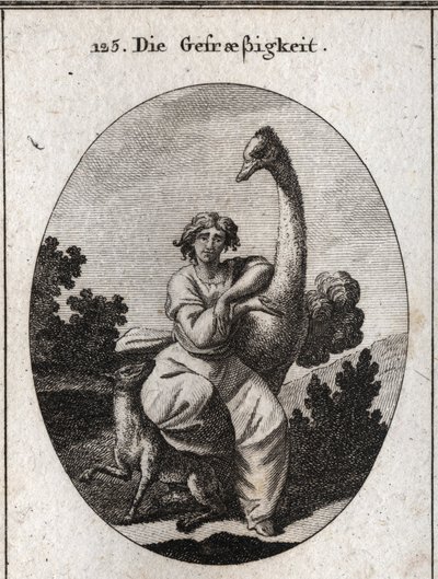 Allegorie van vraatzucht. De struisvogel is het attribuut van gulzigheid, we voegen een magere en hongerige wolf toe voor een grotere vraatzucht. Gravure in 